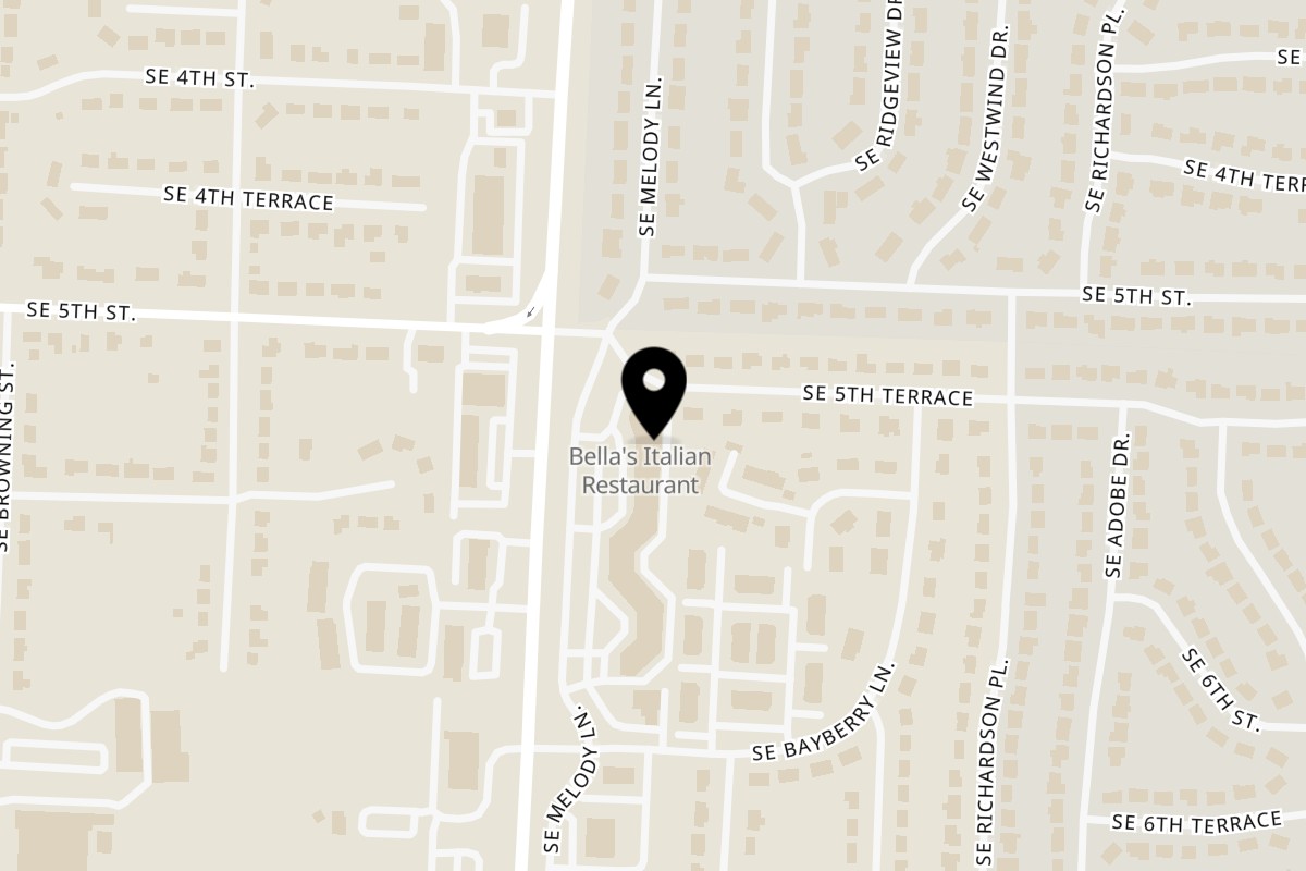 Map showing the location of Bella's Italian Restaurant on 511 SE Melody Ln in Lee's Summit
